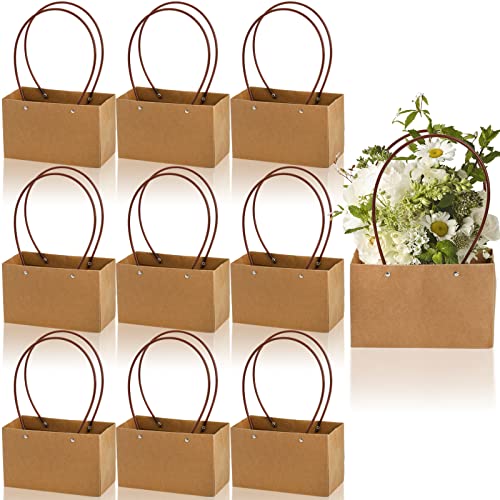 DEAYOU 10-Pack Kraft Paper Flower Gift Bags, Brown Bouquet Bag Box with Handle, Small Brown Paper Carrier Tote Bags with W...
