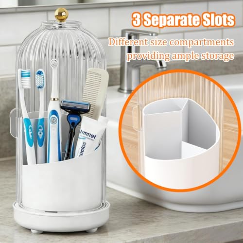 JEESA Toothbrush Holder Organizer, with Drainage Holes, with Dustproof Cover, 360 Rotating, 3 Slots, for Bathroom Countert...