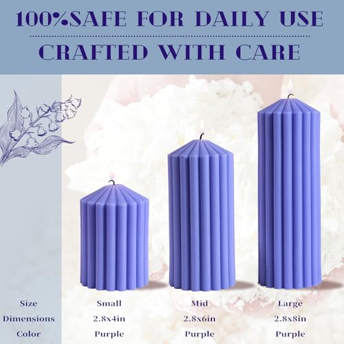 Purple Ribbed Pillar Candles Set of 3 - Lavender Scented Soy Wax Candles for Stress Relief & Sleep,Aesthetic Textured Deco...