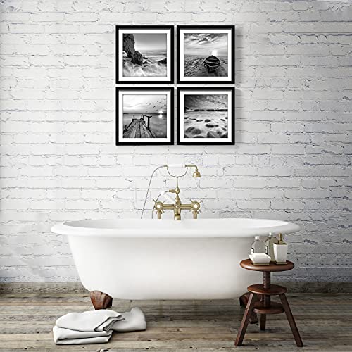 ENGLANT-4 Panels Set Framed Canvas Print for Seascape Beach and Boat Sunrise Scenery Black and White Giclee Canvas Print W...