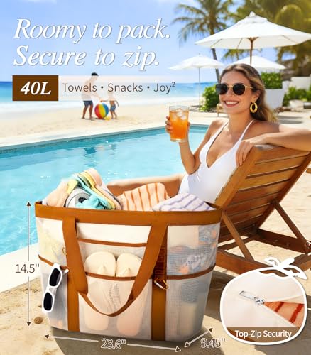 WULIVA 2026 Stylish & Spacious XX-Large Beach Bag for Women – Mesh × Canvas Tote with Top Zipper, 11 Tall Pockets | 40L+ S...