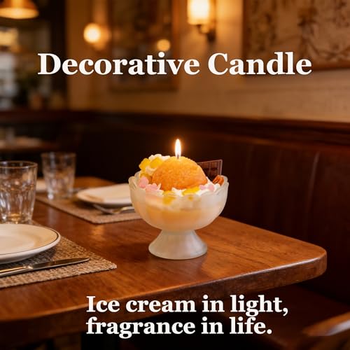 Decorative Ice Cream Sundae Candle, Mango Coconut Scented, White Bowl Design with Orange Topping