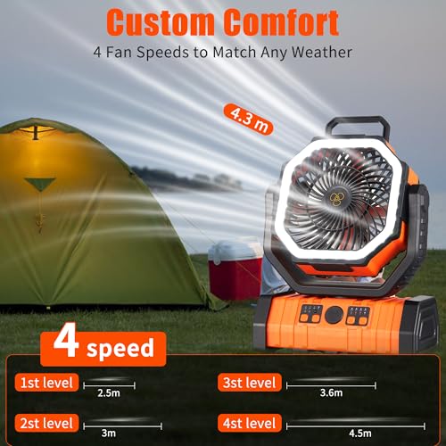 Rechargeable Fan,Operated Camping Battery Powered Fan with Hook&Bright LED Light,Remote Control Timer Auto Oscillation Cor...