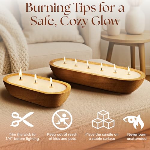 Dough Bowl Candle Co. Sandalwood Soy Candle - 3 Wick Rustic Farmhouse Decor Odor Eliminator in Wooden Bowls, 20 Ounce Wood...