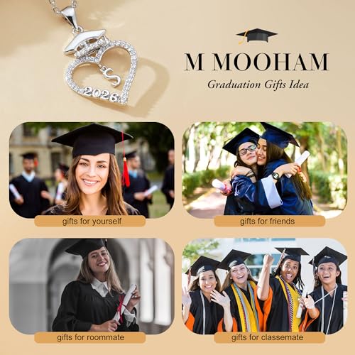 M MOOHAM Graduation Gift for Her 2026, 14K White Gold Plated CZ Graduation Cap Heart Pendant Initial Necklaces for Women T...