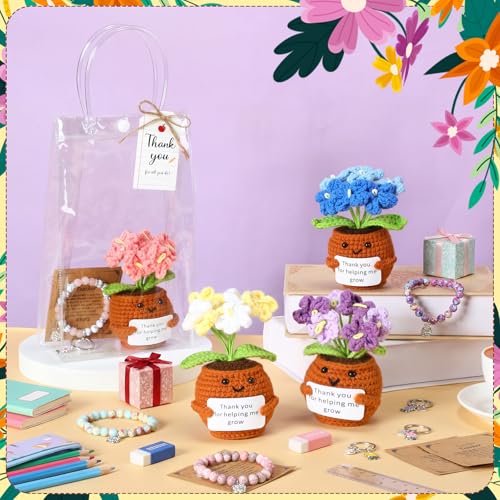 Wavwavw 4 Sets Teacher Appreciation Gifts Bulk Include Crochet Flower Dolls Thank You Crochet Gift Bracelets Keychains App...
