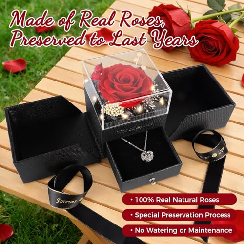 TranquilBliss Gifts for Mom, Preserved Real Red Rose Gift Box with Heart Necklace,“I Love You” in 100 Languages, I Love Yo...