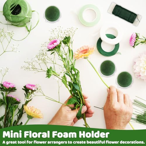 12 Pcs Mini Floral Foam Holder,Round Floral Foam with Green Floral Wire and Ribbon,Green Floral Foam Floral Arrangement Su...
