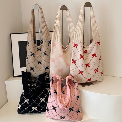 Busnos Beach Bags for Women Coquette Bow Bag Purse Cute Crochet Beach Tote Bag Boho Knit Shoulder Purses Travel Vacation