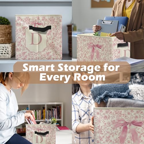 uinwk Personalized Coquette Pink Bow Floral Monogram Storage Bins, Custom Pink Collapsible Storage Box Laundry Basket with...