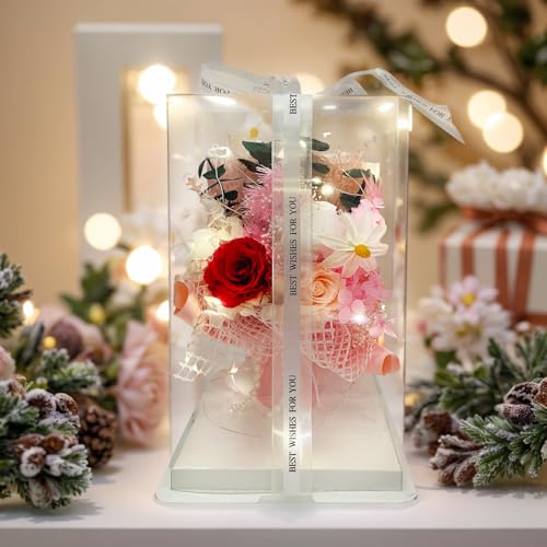 MS.ROXYQUE Preserved Flowers Bouquet Romantic Valentines Day Gift for Her LED Light 3 Preserved Real Rose for Delivery Chr...
