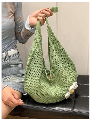OYOANGLE Women's Floral Applique Crochet Beach Tote Bag Summer Boho Mesh Woven Tote Bag