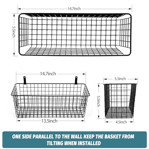 4 Set [EXTRA LARGE] Hanging Wall Mount Storage Baskets with Adhesive Hooks & Steel Hooks, Multiuse Sturdy Wire Metal Organ...