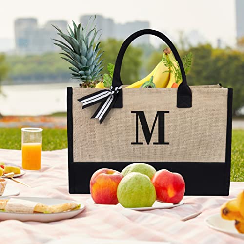 TOPDesign Personalized Initial Canvas Beach Bag, Monogrammed Gift Tote Bag for Women