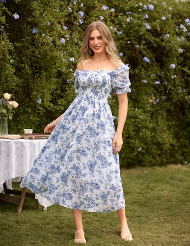 Scarlet Darkness Floral Dress for Women Summer Puff Sleeve Square Neck A Line Flowy Wedding Guest Tea Party Dresses