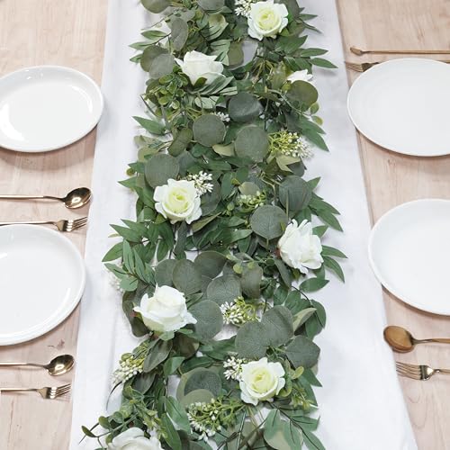 2 Pack 13Ft Artificial Spring Eucalyptus Flower Garland with White Roses, Fake Flower Greenery Floral Green Garland Vines ...