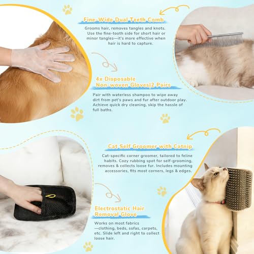 10Pcs Mist Spray Brush Kit for Cats & Dogs, Hair Health & Grooming Set with 100ml Waterless Shampoo, Cat Scratcher w/Catni...