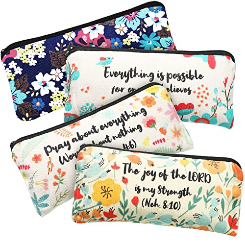 Outus 4 Pieces Inspirational Bible Verse Pencil Pouch Christian Pencil Case Scripture Makeup Bags Canvas Cosmetic Bags for...