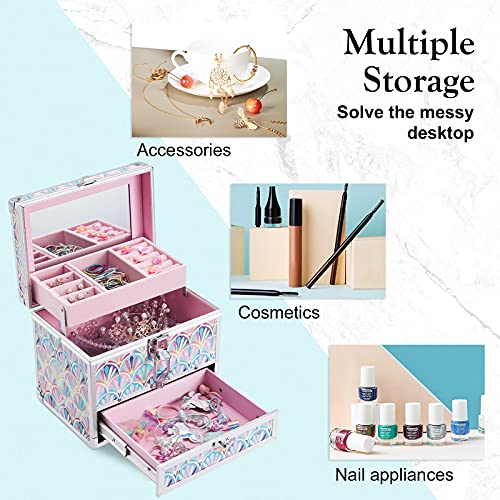 Hododou Girls Jewelry Box Organizer with Drawer & Mirror, Mermaid Tail Style Lockable Storage Case for Kid or Little Girls...