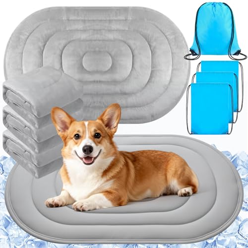 Fiwochic 4 Pack 35" x 19" Cooling Mats for Pet Dog with Storage Bags - Reversible Ice Silk & Velvet Pad Washable Summer Co...