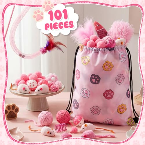 Leitee 101 Pcs Cat Interactive Toys Set with 1 Cat Paw Gift Storage Bags Feather Teaser Wand Springs Mice Fish Crinkle Bal...