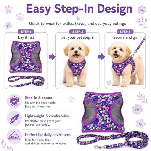 Moonpet Step in Dog Harness Leash Set- All Weather Reflective No-Pull Floral Pattern Padded Mesh Vest Harness for Cats Pup...