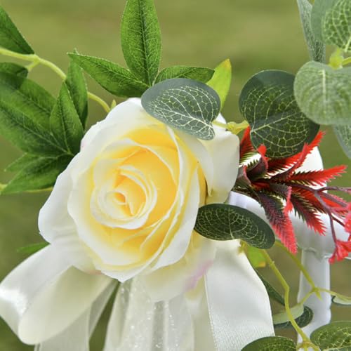 JOONOR Set of 8 Wedding Aisle Decorations Set Yellow Rose Flowers Chair Back Flowers with Leaves and Ribbons,Pew Artificia...