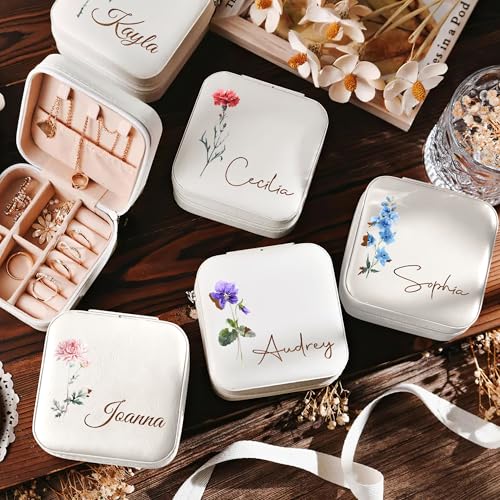 DayOfShe Personalized Travel Jewelry Box with Name and Birth Flower Bridesmaid Proposal Gifts,Personalized Mothers Gifts C...