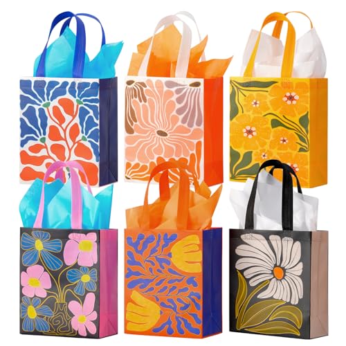 10" Floral Reusable Gift Bags Medium Size with Tissue Paper, 6 Pack Non-Woven Wrap Paper Gift Bags with Handles for Birthd...