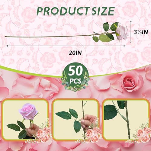 Jefuzh 50 PCS Fake Pink Roses, Artificial Flowers Bulk Realistic Silk Faux Rose with Stems for Wedding Decoration Bridal B...