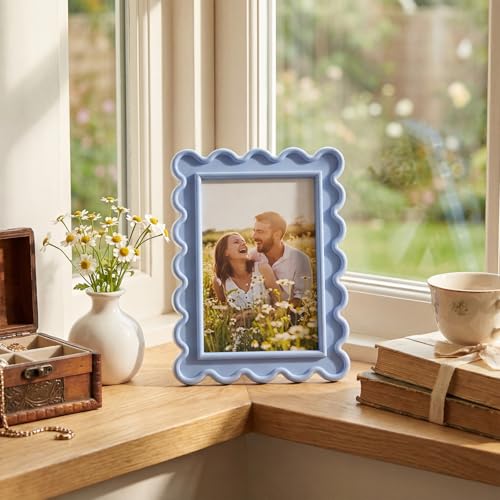 AceOrbit 4x6 Inches Haze Blue Flower Wavy Picture Frame Cute Wavy Edge Wooden Real Glass Photo Frame for Desktop Display H...