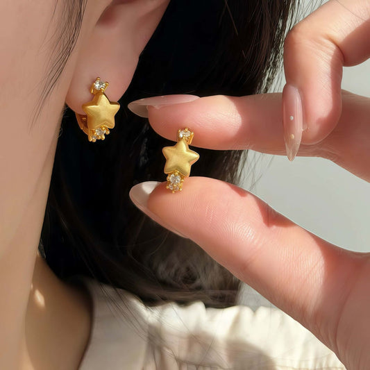French Gold Brushed Star Huggie Earrings, Minimal Exquisite Niche Unique Designer Hoops, High-End Elegant Fashion Ear Jewelry For Women