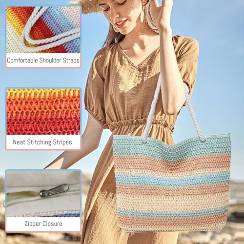 Andiker Rainbow Straw Bags for Women 2025, Lightweight Large Beach Bag with Zipper Summer Striped Straw Tote Bag for Women