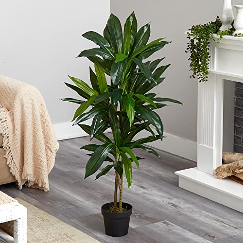 Nearly Natural 48in Artificial Dracaena with Real Touch Leaves and Multi Tonal Trunks, Large Indoor Silk Plant with Pot, M...