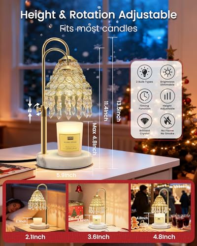 Crystal Candle Warmer Lamp with Timer and Dimmer - 2-in-1 Electric Wax Melt Burner & Dimmable Table Lamp, Adjustable Heigh...