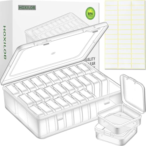 Bead Organizer Box, 30pcs Small Clear Plastic Storage Containers, Craft Storage Box Features Hinged Lid and Labels, Mini B...