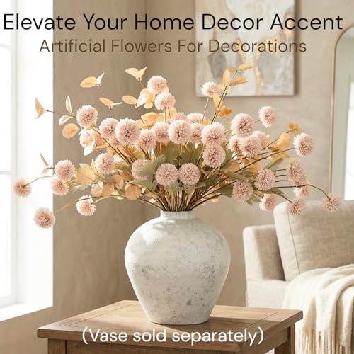 Artificial Flowers for Vase - Beige Silk Mums 10 Long Stems with Eucalyptus, Faux Flowers Home Decor, Neutral Tan Cream Fl...