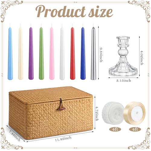 MTLEE Candlestick Wedding Poem Gift Box 18 Colored Taper Candles 2 Glass Taper Candlestick Holders Storage Basket White La...