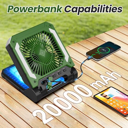 20000mAh Portable Fan Rechargeable with Solar Panel 2-in-1, 3 Speeds Cordless Battery Powered Fan with Led Lantern,Timer, ...