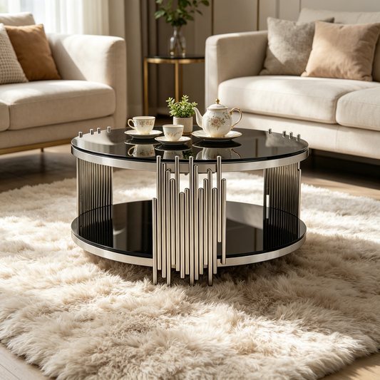 80cm Modern Black Glass Coffee Table,Luxury Living Room Tables With Double Glass Top,Round Cofe Table With Silver Steel Base,Sofa Table Glass Circle Top,Center Table For Living Room Home Office