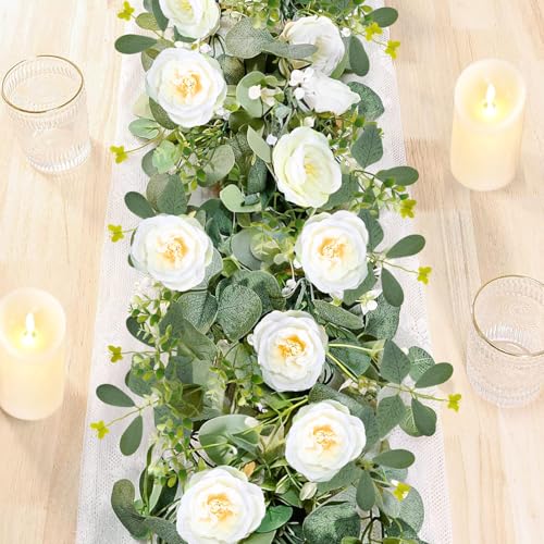 ASTRYAS 2 Pack 6.23Ft Artificial Eucalyptus Garland with Flowers, Fake Rose Garland Greenery Garlands Floral Vines for Wed...