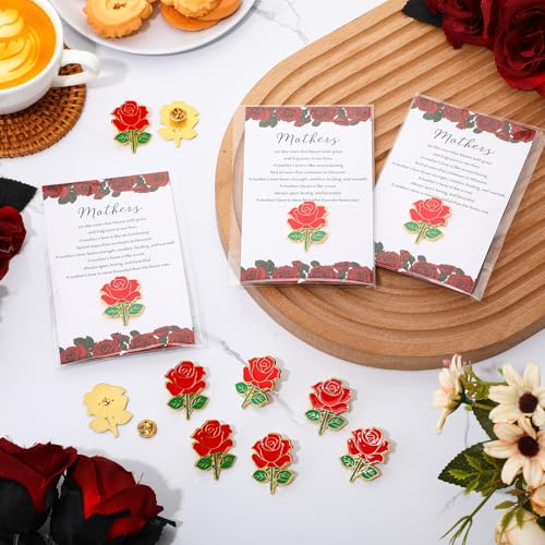 Liliaafar Mother's Day Rose Pin Gifts Red Rose Flower Lapel Pin Enamel Brooch with Inspirational Praise Card Church Gifts ...