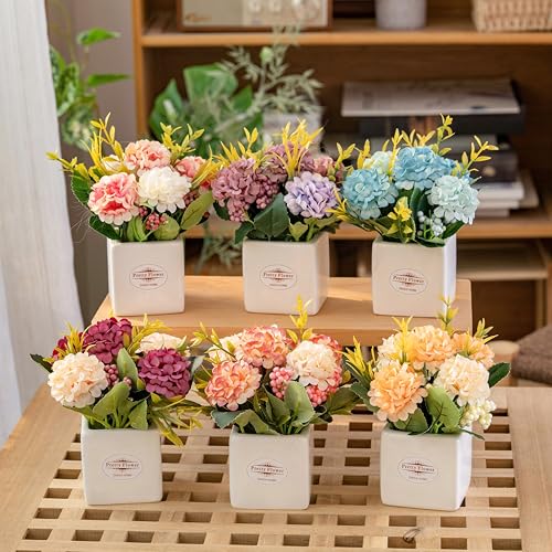 6Pcs Artificial Flowers with Ceramic Pot Small Fake Hydrangea Flowers Arrangements Faux Spring Flowers in Vase Home Spring...