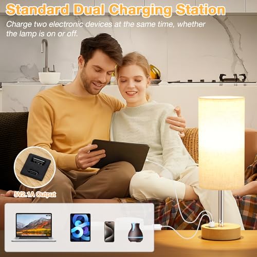 Dicoool Touch Bedside Table Lamp with USB - 3 Way Dimmable Wood Lamp for Bedroom Nightstand, Desk Lamp with Charging Stati...