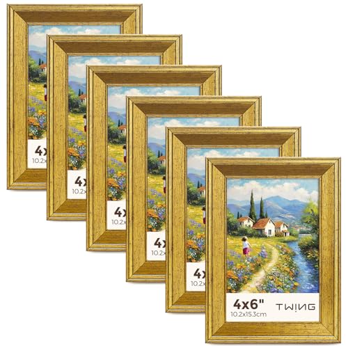 TWING 4x6 Gold Picture Frames Set of 6,Rustic Gold Frames Display Pictures 3x5 with Mat or 4x6 Without Mat,Tabletop Displa...