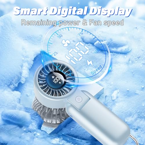 Portable HandHeld Turbo Fan - Foldable Personal Fan with LED Display, 5 Speeds, Lanyard, USB Rechargeable, Strong Airflow,...