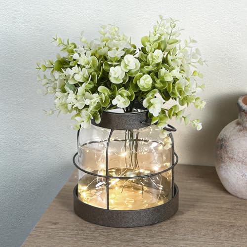 Dnnnii Vintage Glass Farmhouse Vase - Handmade Rustic Lantern Planter with Bonus Artificial Flowers & LED Lights (Home Dec...