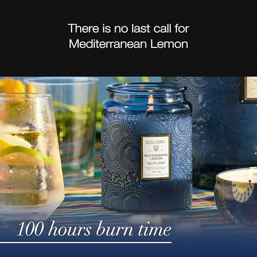 Voluspa Mediterranean Lemon Candle Jar, 18 oz, Coconut Wax Blend, Large Scented Candles for Home, 100 Hour Burn Time, Pour...