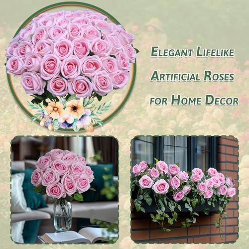 Jefuzh 50 PCS Fake Pink Roses, Artificial Flowers Bulk Realistic Silk Faux Rose with Stems for Wedding Decoration Bridal B...