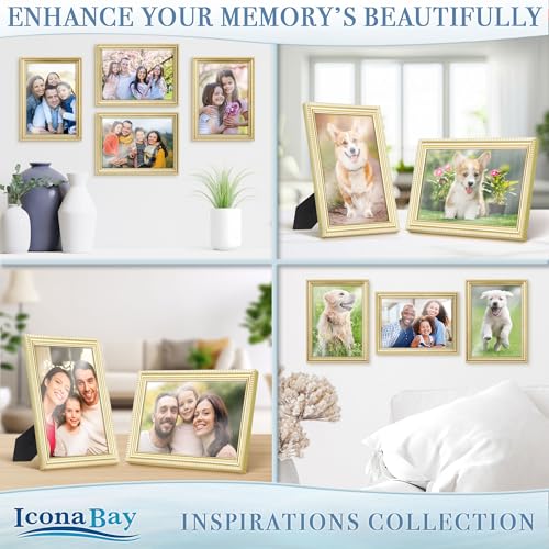 Icona Bay 5x7 Picture Frames (Gold, 6 Pack), Beautifully Detailed Molding, Contemporary Picture Frame Set, Wall Mount or T...